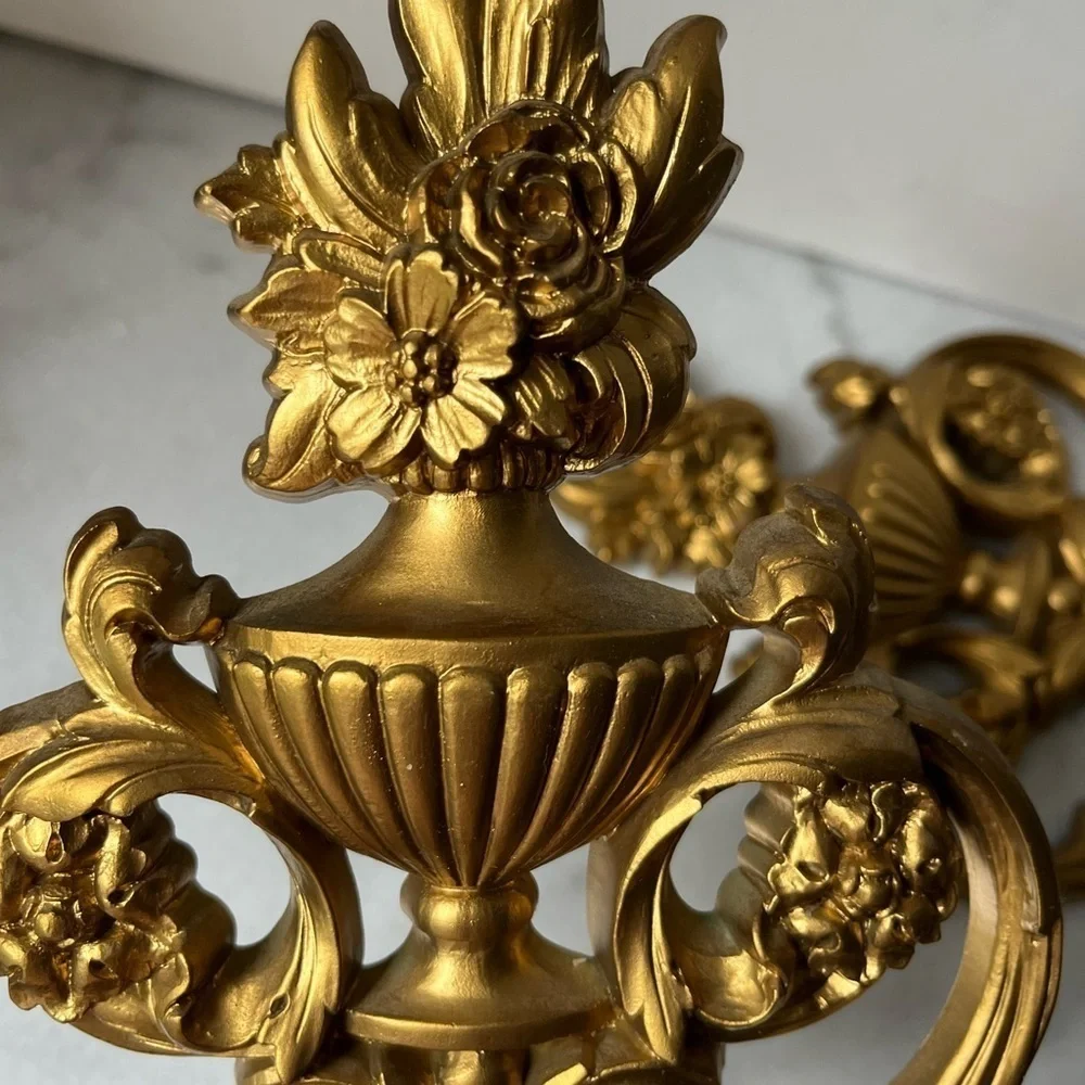 Vintage Pair Of Gold Wall Sconces Candle Holders Hollywood Regency Syroco